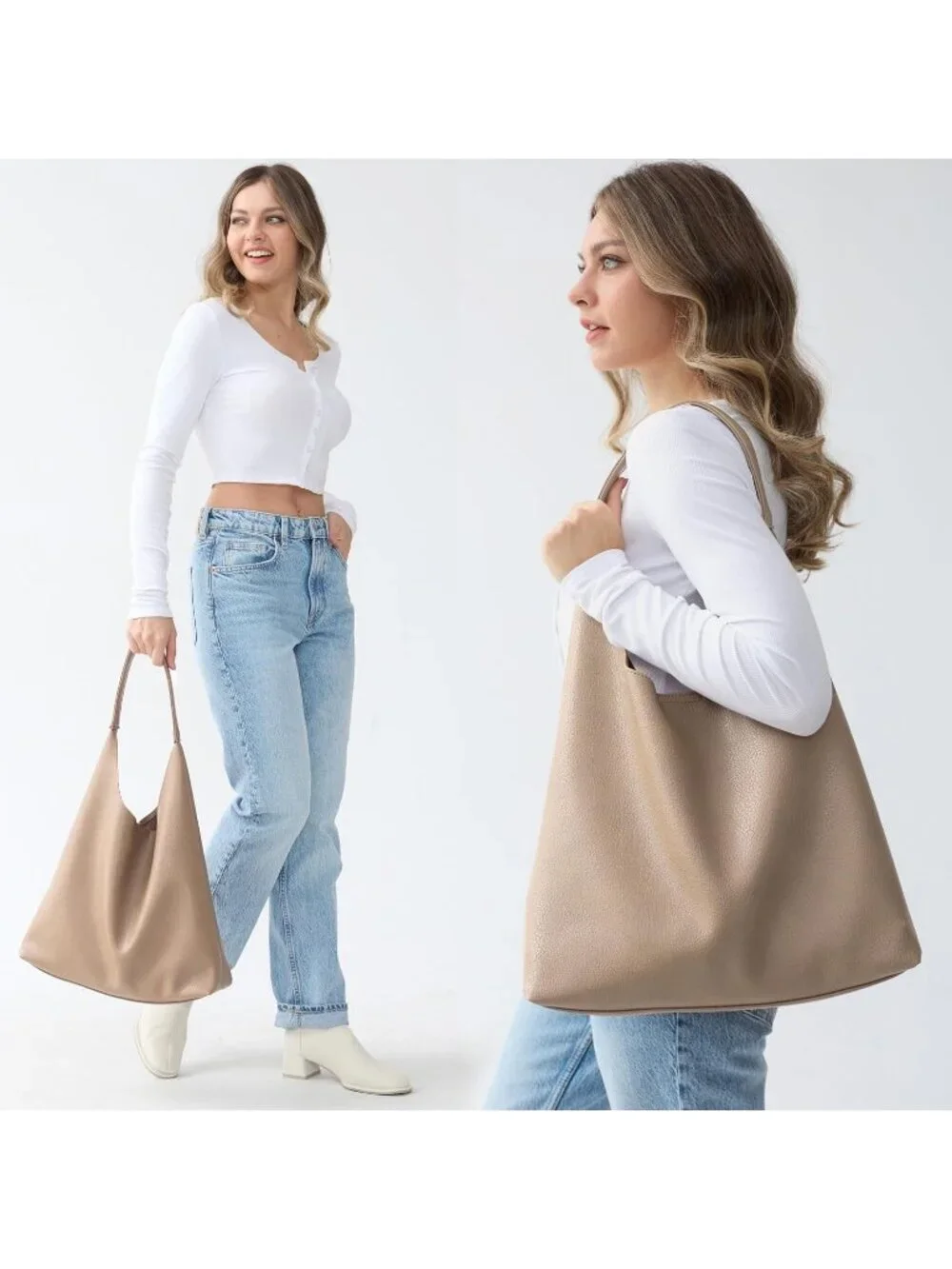 Women's Nude Soft Vegan Leather Hobo Shoulder Bag Slouchy Tote Purse